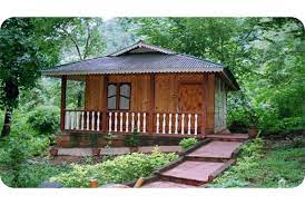Cottages of Haritha Jungle Bells nature camp surrounded by forest at Tyda