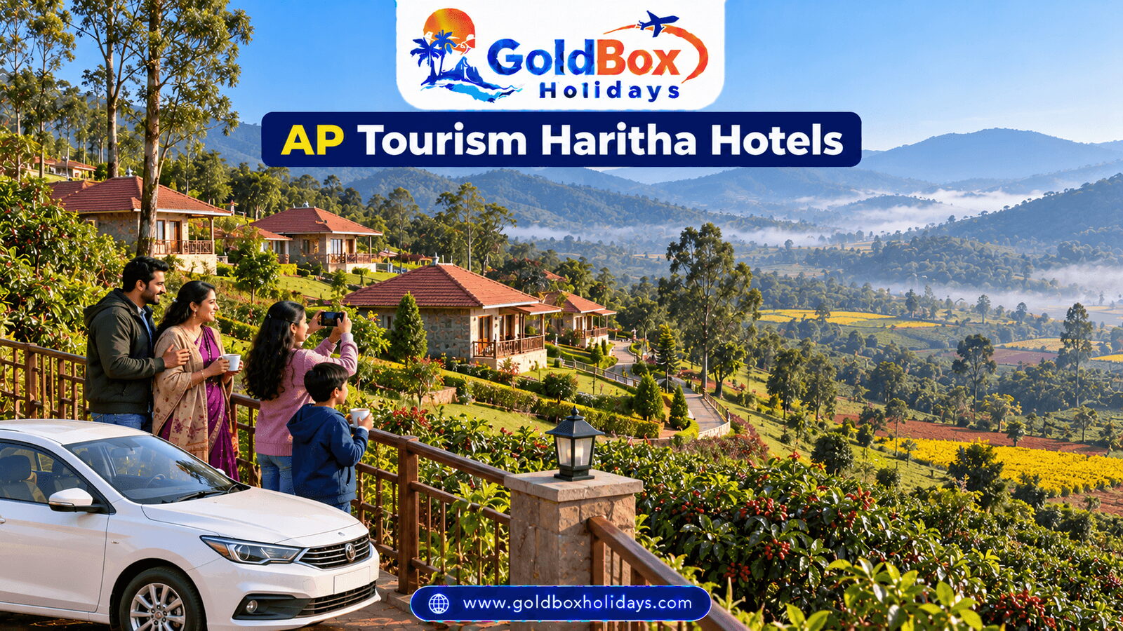 Hill resort cottages above the green Araku valley with a happy family, APTDC Haritha hotels