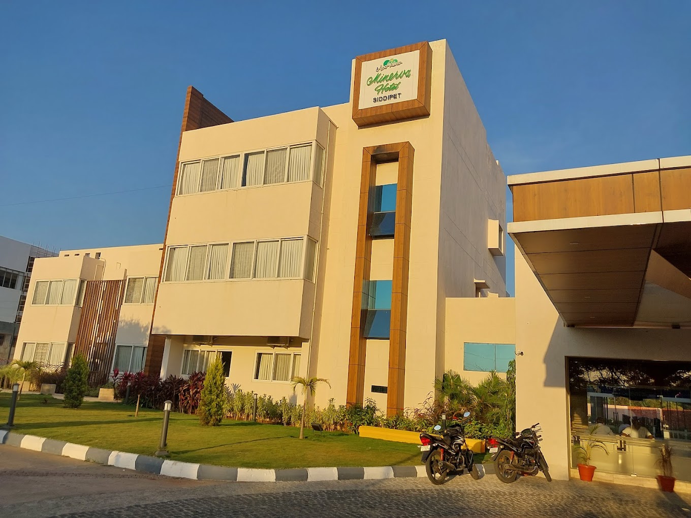 Haritha Minerva Hotel entrance with fountains, Siddipet