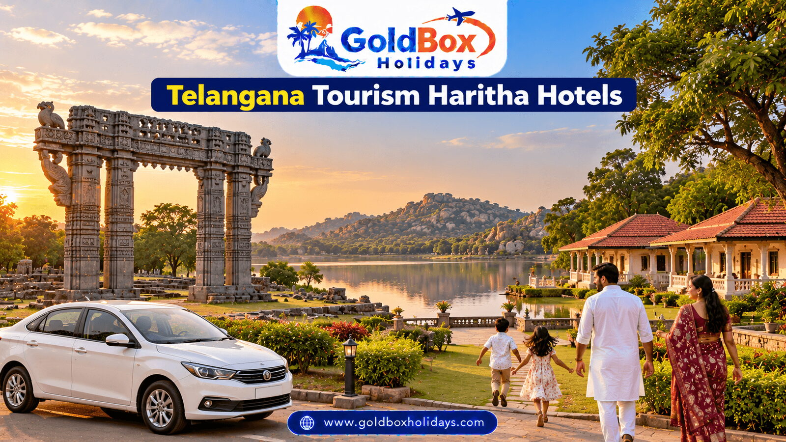 Kakatiya stone arch and a lakeside heritage-style resort with a happy family, Telangana Haritha hotels