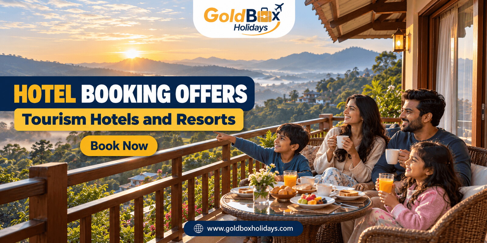 Family on a resort balcony with a valley view, hotel booking offers