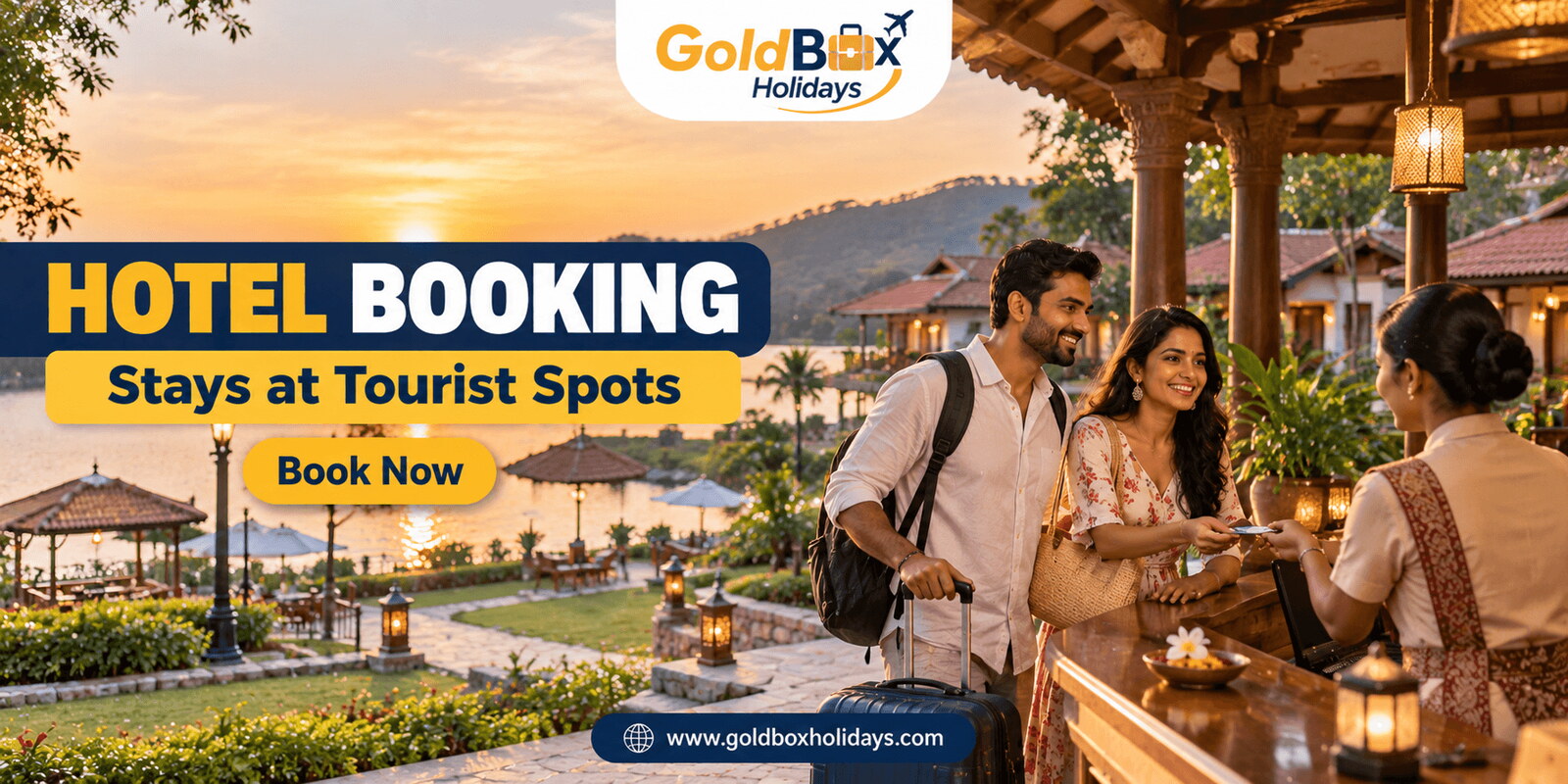 Couple checking in at a lakeside resort, online hotel booking
