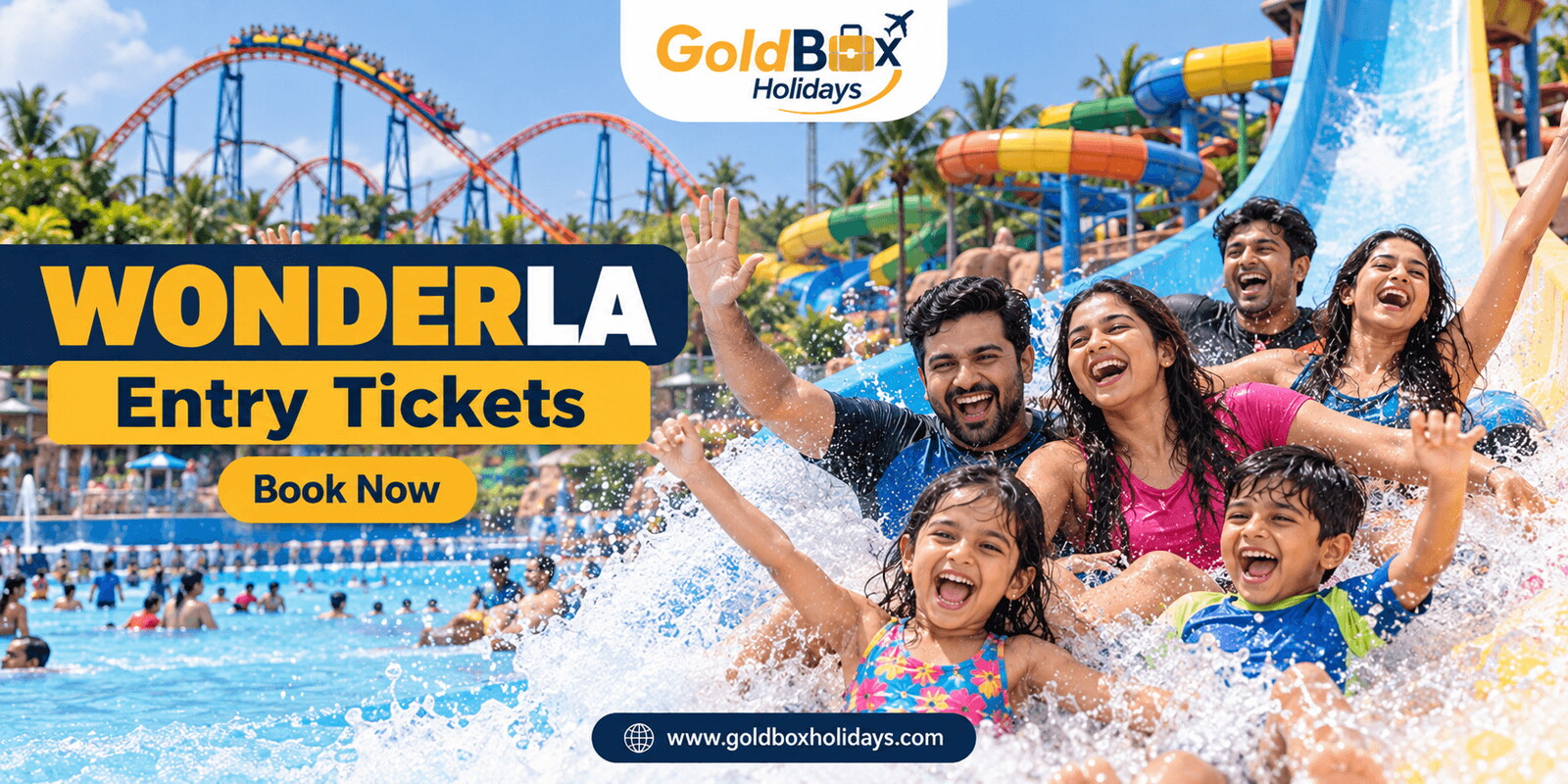 Friends on water slides at an amusement park, Wonderla tickets