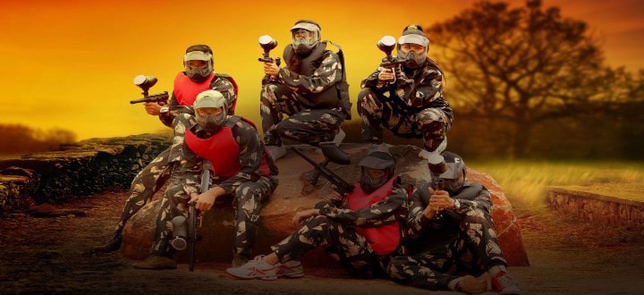 Two teams playing paintball with masks and guards at Sahas Ramoji