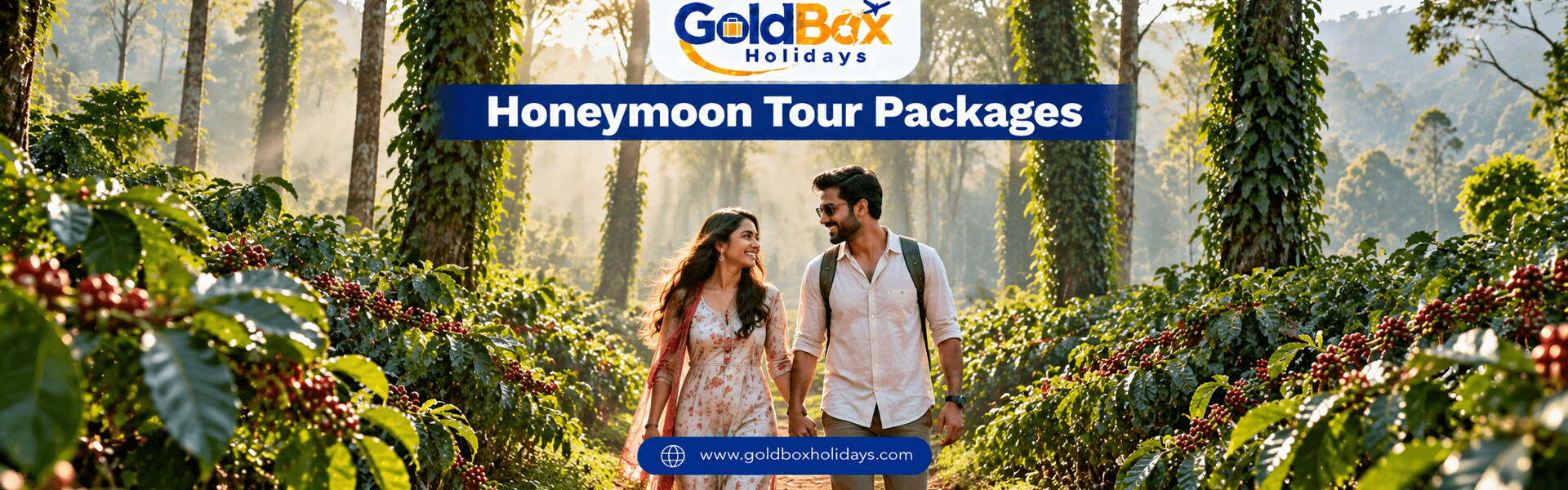 Couple walking hand in hand through a misty Coorg coffee estate, honeymoon tour packages