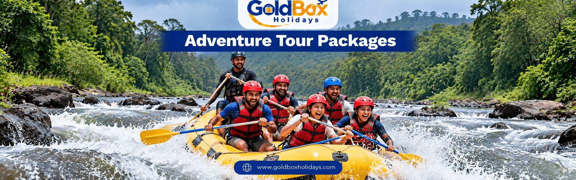 Friends in helmets rafting white water on the Kaveri at Dubare, adventure tours