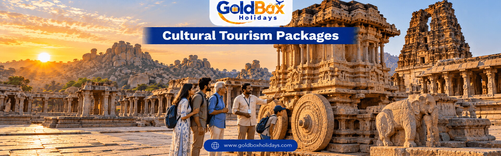 Travellers with a guide at the Hampi stone chariot at sunrise, cultural tour packages