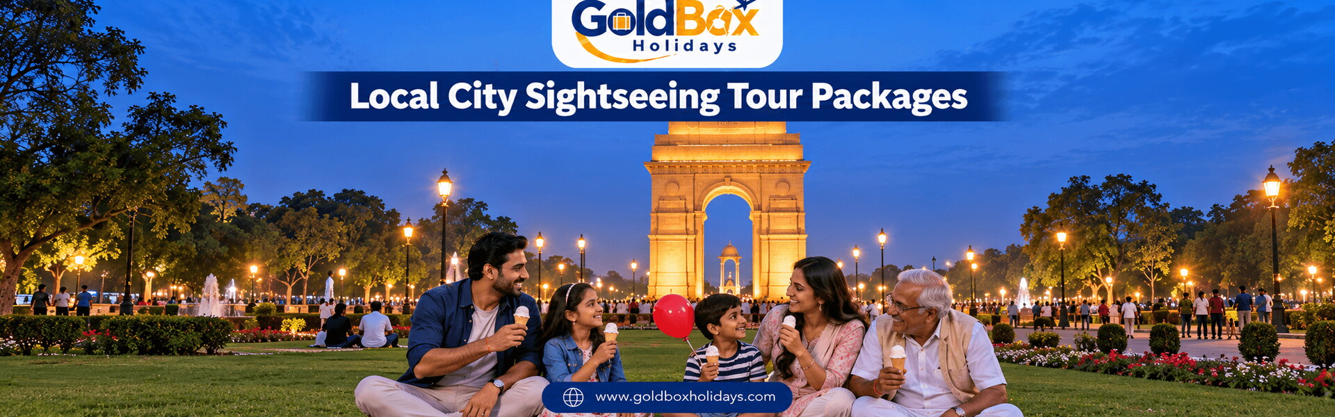 Family eating ice-cream on the lawns before a floodlit India Gate at dusk, city sightseeing