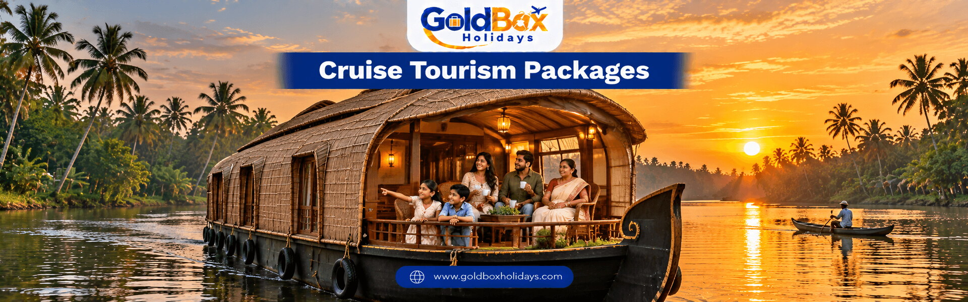 Family on a Kerala houseboat deck gliding on the backwaters at sunset, cruise packages