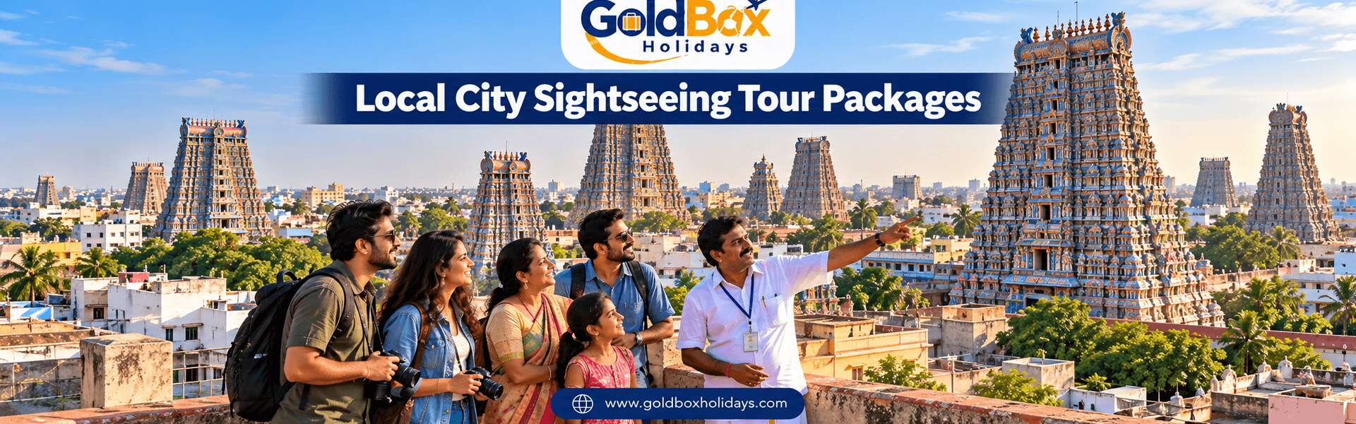 Guide showing tourists the Meenakshi temple gopurams from a Madurai rooftop, city sightseeing