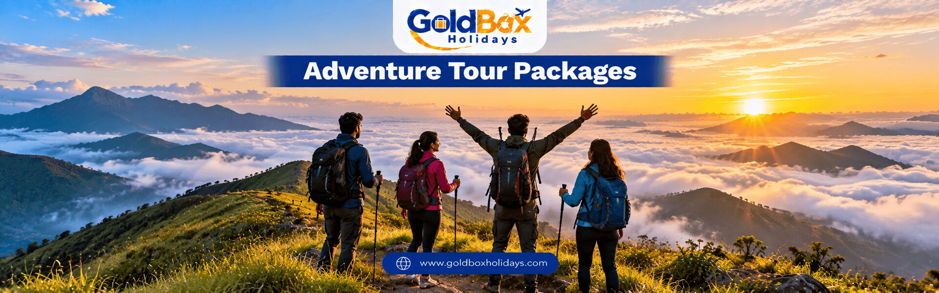 Trekkers on a Munnar ridge watching sunrise above a sea of clouds, adventure tours