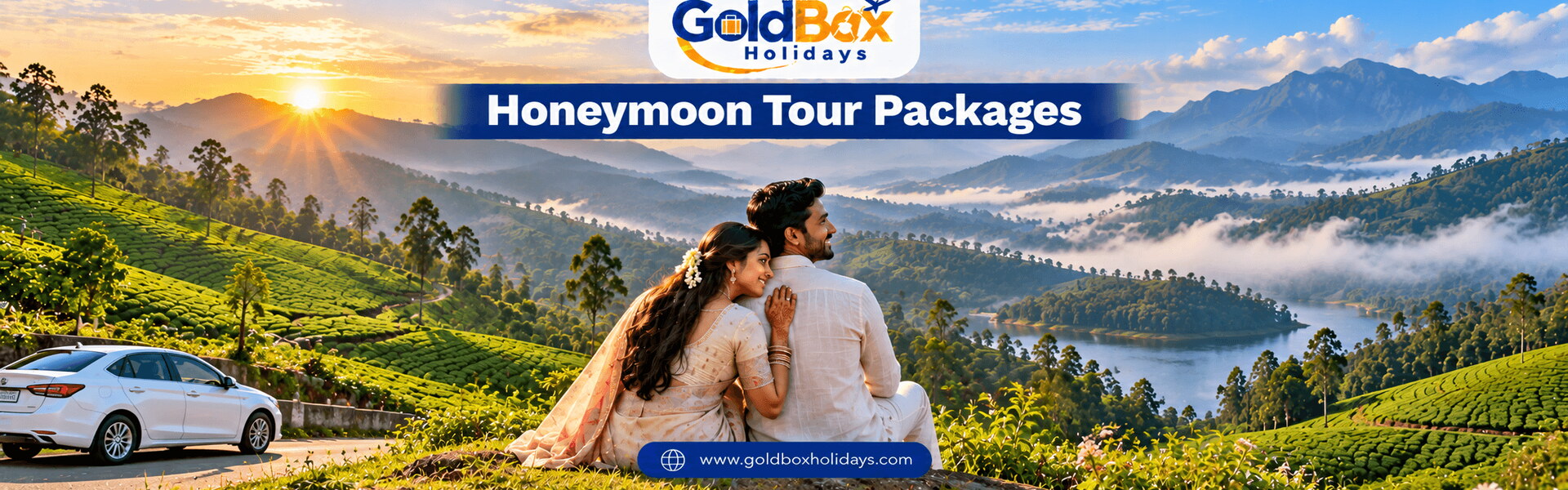 Newly married couple at a Munnar tea hills viewpoint in morning mist, honeymoon tours