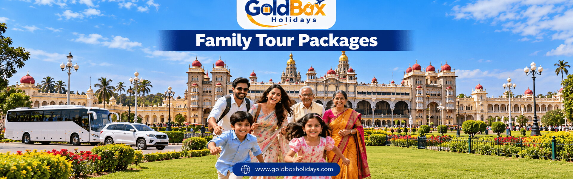 Three generations of a family on the sunny lawn before Mysore Palace, family tour packages