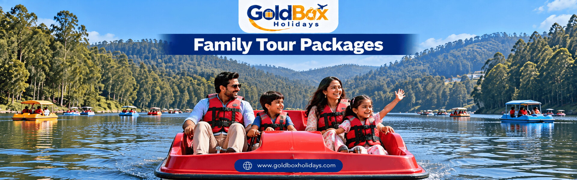 Family in a pedal boat on Ooty lake among eucalyptus trees, family tour packages