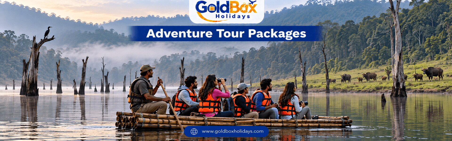 Travellers on a bamboo raft on misty Periyar lake at Thekkady at dawn, adventure tours