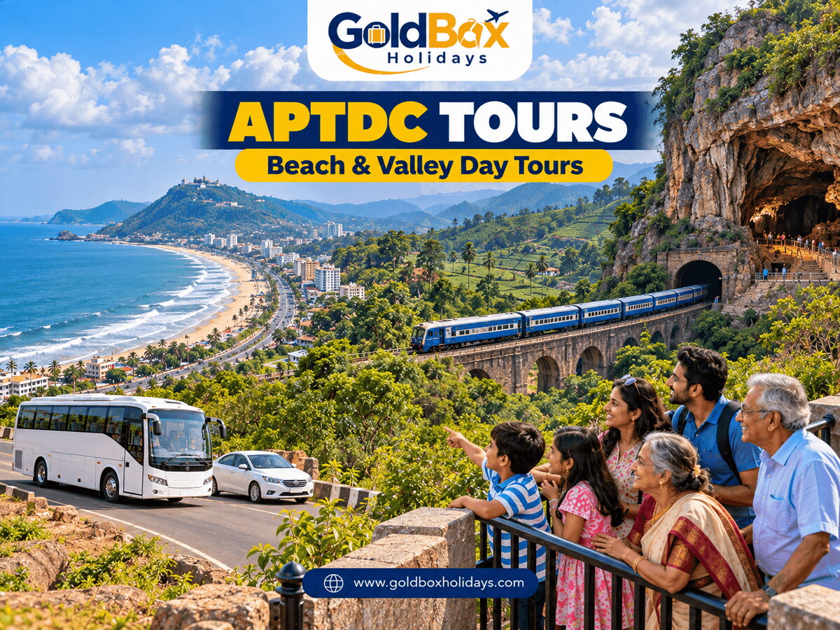 Family at a hill viewpoint above Vizag beach, Araku valley train and Borra Caves, APTDC day tour packages