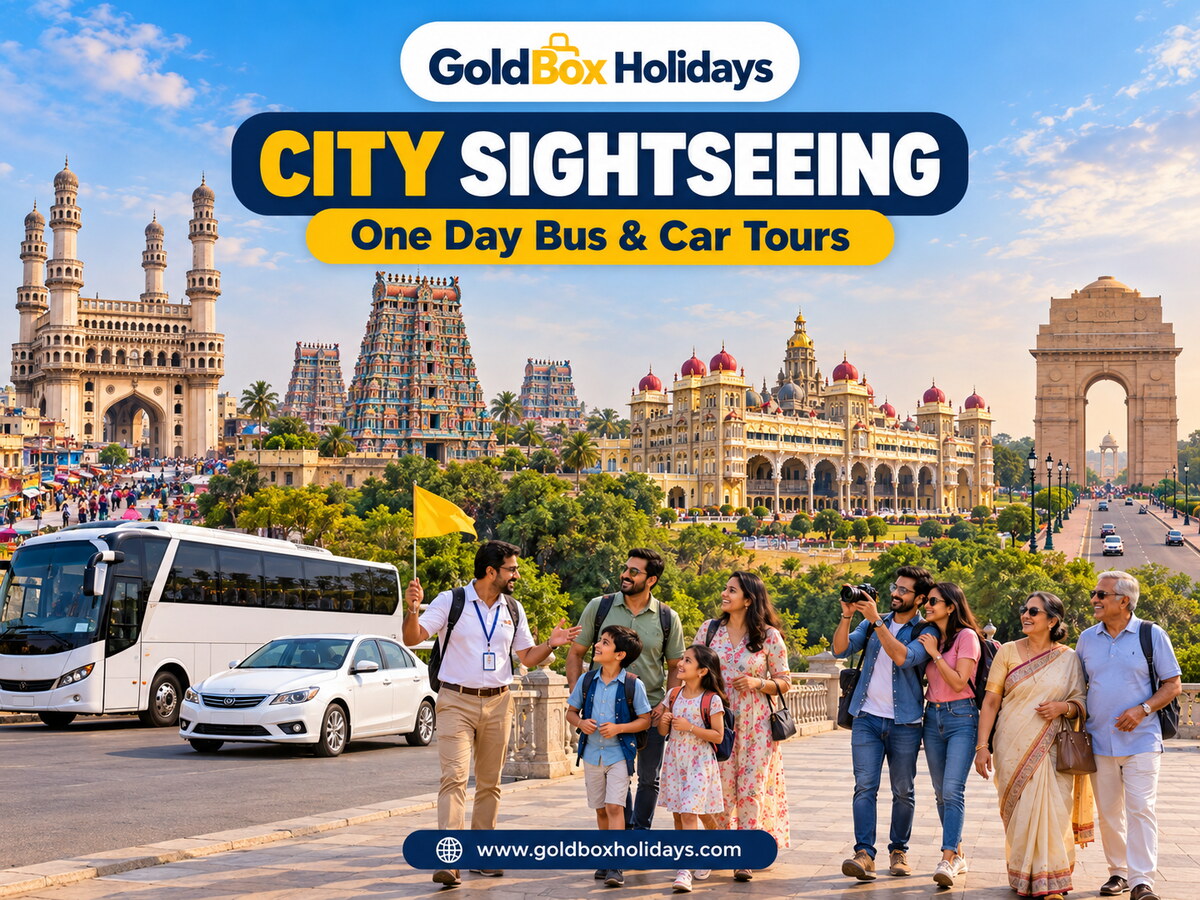 Tour bus stopped at a city landmark during a one-day sightseeing trip