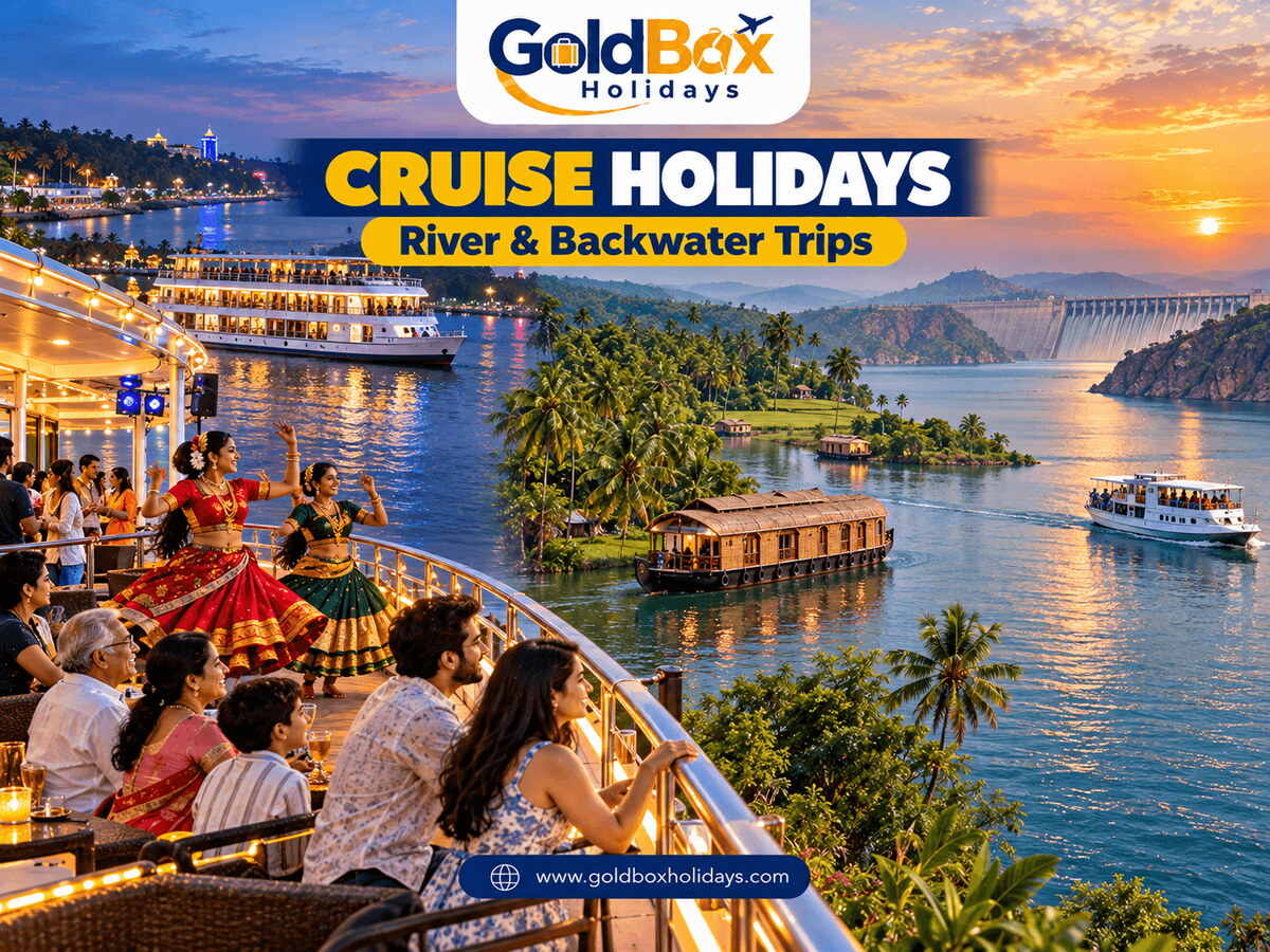 Family on a Goa river cruise at dusk, with a Kerala houseboat and a Nagarjuna Sagar launch across the water, cruise holidays