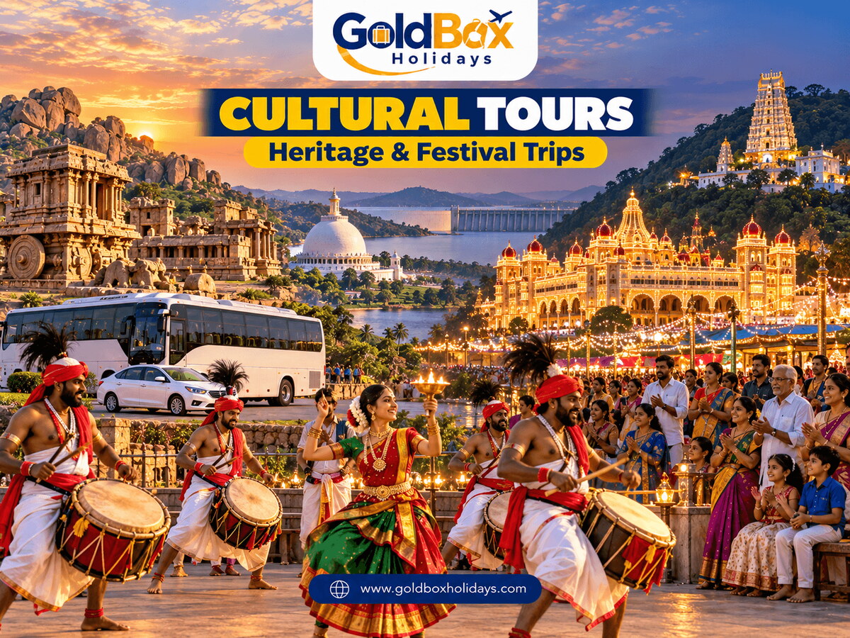 Dollu Kunitha drummers with Hampi, Buddhavanam stupa, the lit Mysore Palace and Simhachalam temple behind, cultural tours