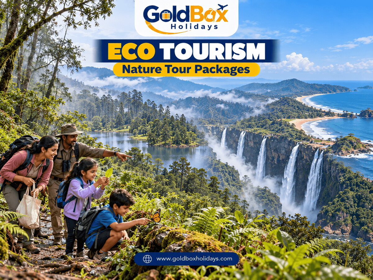 Family on a Nilgiri shola forest trail, with Kodaikanal pines, Jog Falls and Gokarna Om beach beyond, eco tourism packages