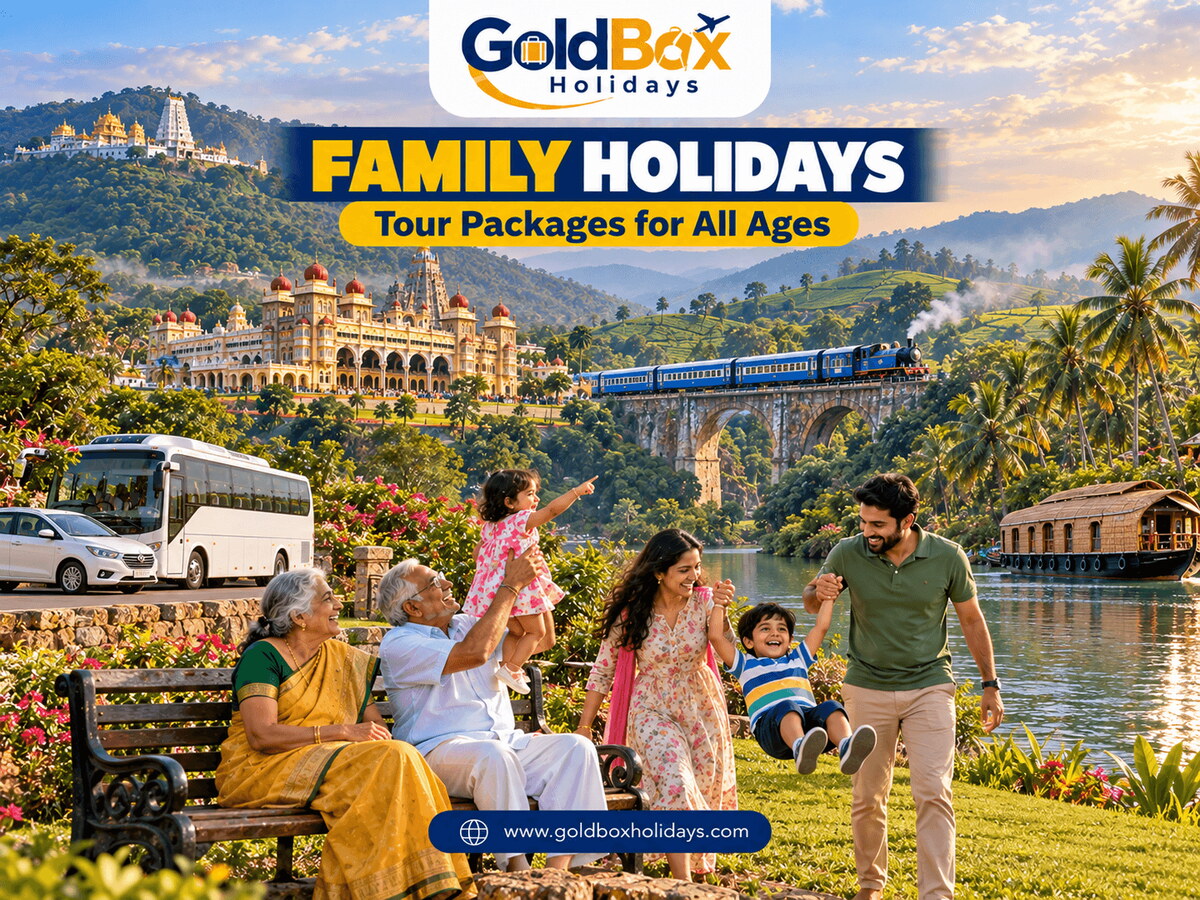 Three-generation family on a lakeside lawn with Tirumala hills, Mysore Palace, Ooty toy train and Kerala houseboat behind, family tours