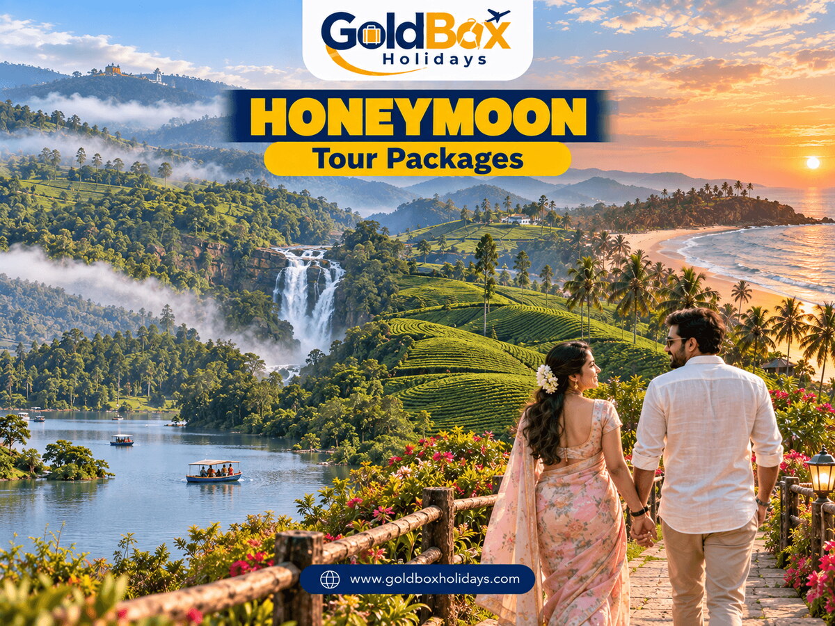 Newly married couple on a hill path above Ooty tea hills, Coorg, Munnar and a Goa beach at sunset, honeymoon tour packages
