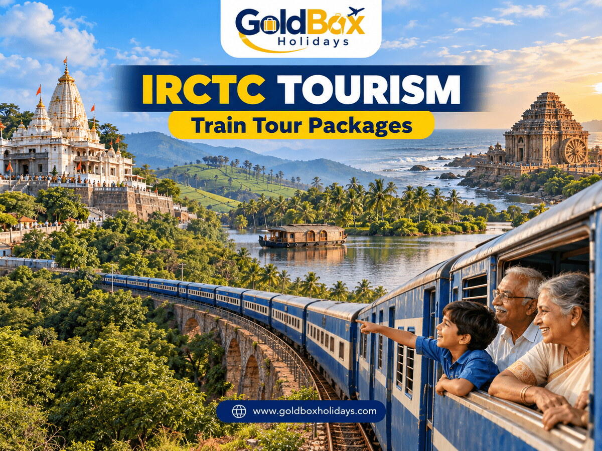 Train winding past Shirdi, Nilgiri tea hills, Kerala backwaters and Konark Sun Temple, a family at the window, rail tour packages