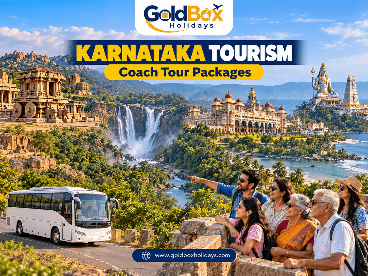 Coach travellers at a viewpoint over Hampi, Jog Falls, Mysore Palace and the Murdeshwar Shiva statue, Karnataka tourism coach tours