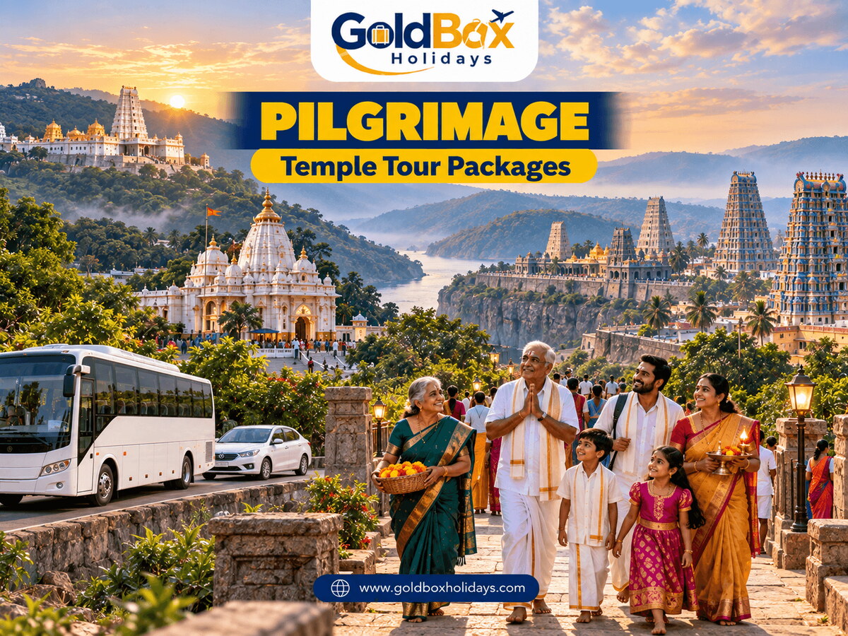 Barefoot pilgrims at dawn with Tirumala, Shirdi, Srisailam and Madurai Meenakshi temples along the hills, pilgrimage temple tours