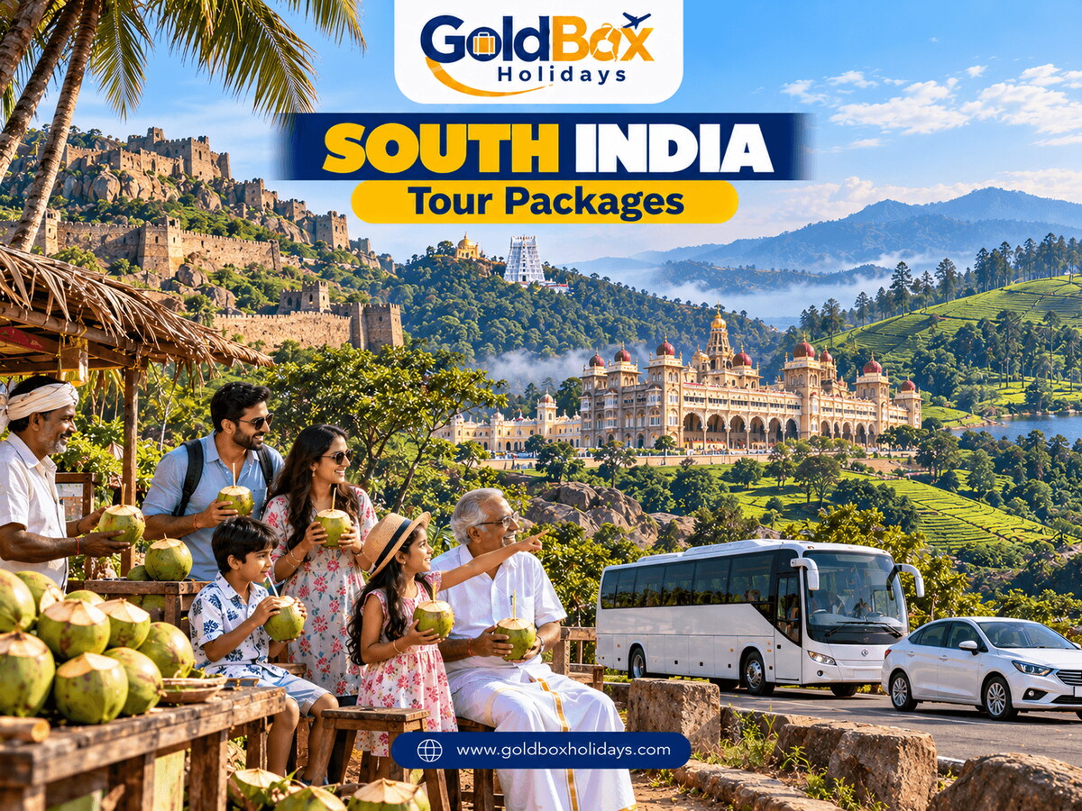 Family at a coconut stall with Golconda Fort, Tirumala hills, Mysore Palace and Ooty tea hills beyond, South India tours