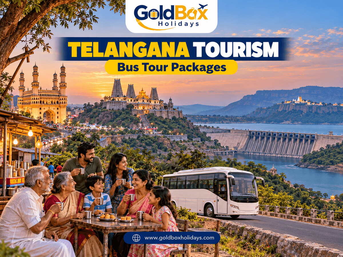 Travellers at a tea halt with Charminar, Yadadri temple, Nagarjuna Sagar dam and Tirumala hills beyond, Telangana tourism tours
