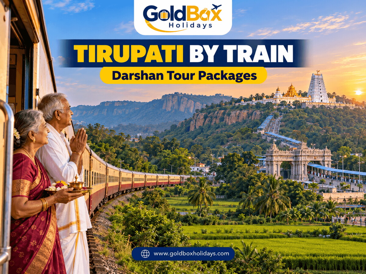 Pilgrim couple on a train at dawn heading to the Seven Hills, Alipiri gateway and Tirumala temple, Tirupati darshan tour packages
