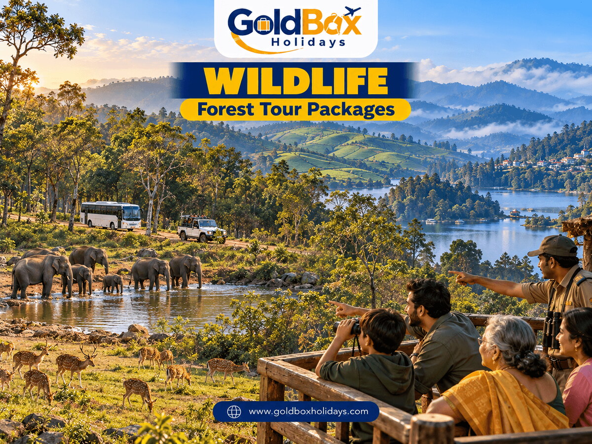 Family with a forest guide watching elephants and deer near Bandipur, with Nilgiri tea hills and Kodaikanal lake beyond, wildlife tours