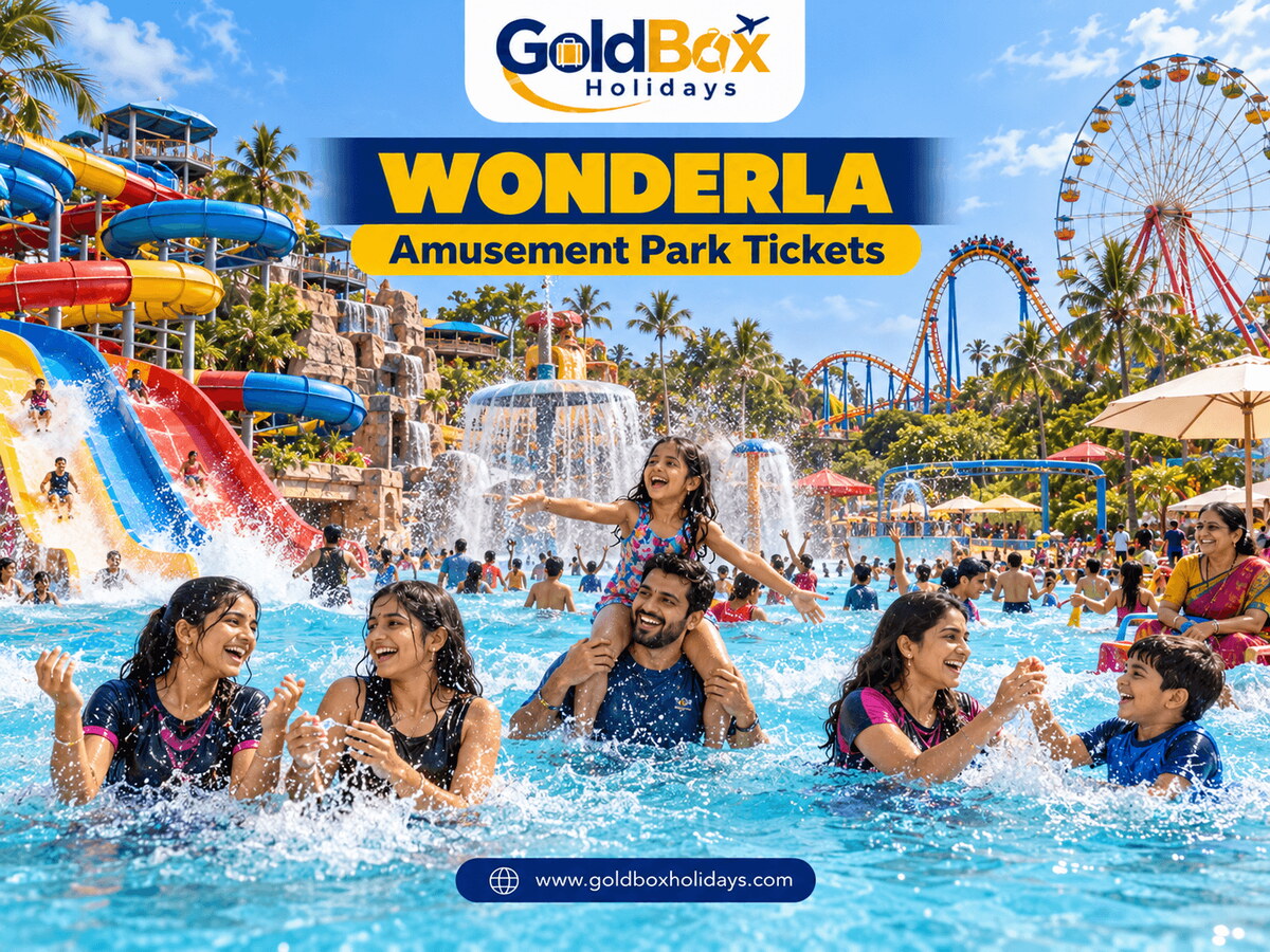 Friends and families splashing in a wave pool with water slides, roller coaster and giant wheel behind, amusement park tickets
