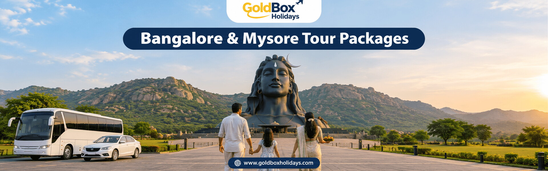Family walking toward the Adiyogi statue at dawn near Chikkaballapur, Bangalore tours