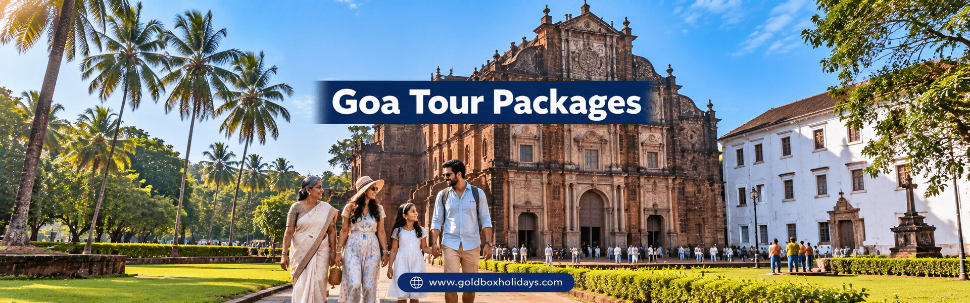 Family walking to the Basilica of Bom Jesus in Old Goa on a soft morning, Goa tour packages