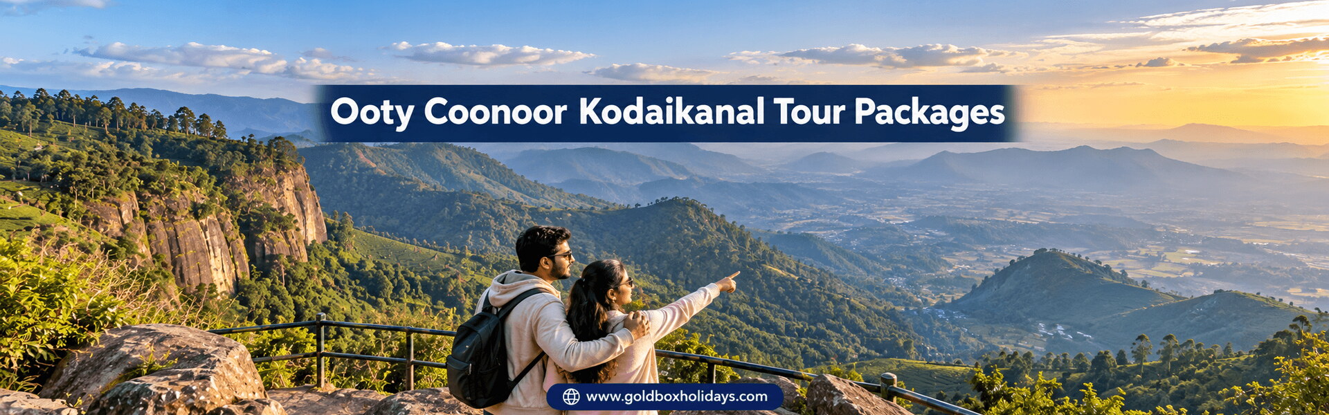 Couple at Lamb's Rock viewpoint in Coonoor above layered blue Nilgiri valleys, Ooty tours