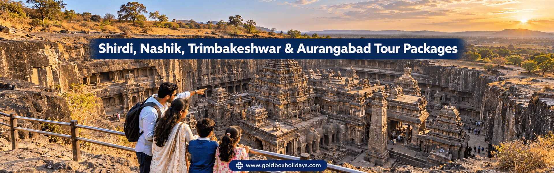 Family on the cliff rim above the rock-cut Kailasa temple at Ellora, Aurangabad tours