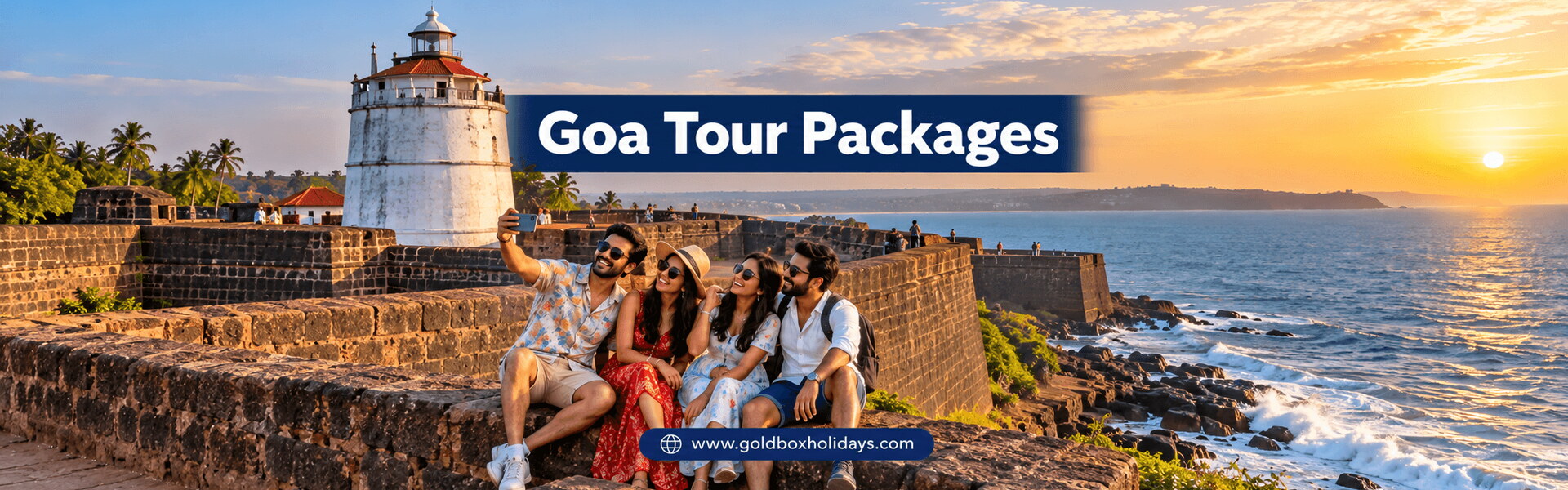Friends on the Fort Aguada ramparts with the lighthouse and Arabian Sea at golden hour, Goa