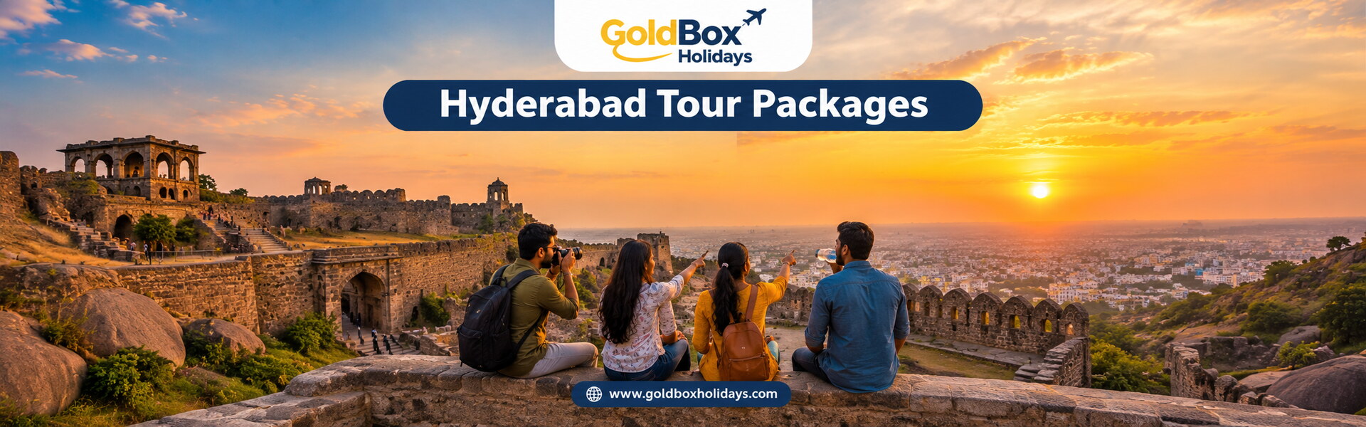 Friends on the Golconda Fort summit at sunset above ramparts and the city, Hyderabad tours