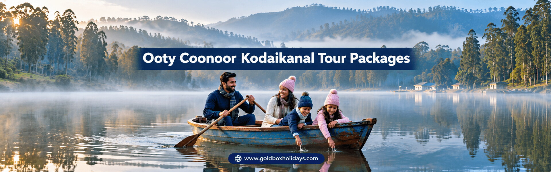 Family rowing a boat on misty Kodaikanal lake among pine trees in the morning, hill tours