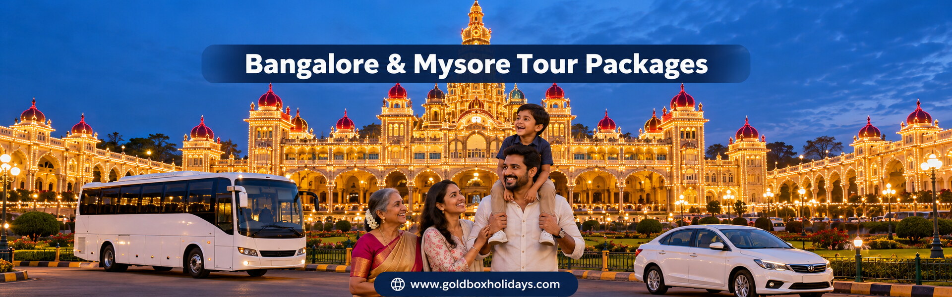 Mysore Palace lit with thousands of bulbs at dusk with a family on the lawn, Mysore tours
