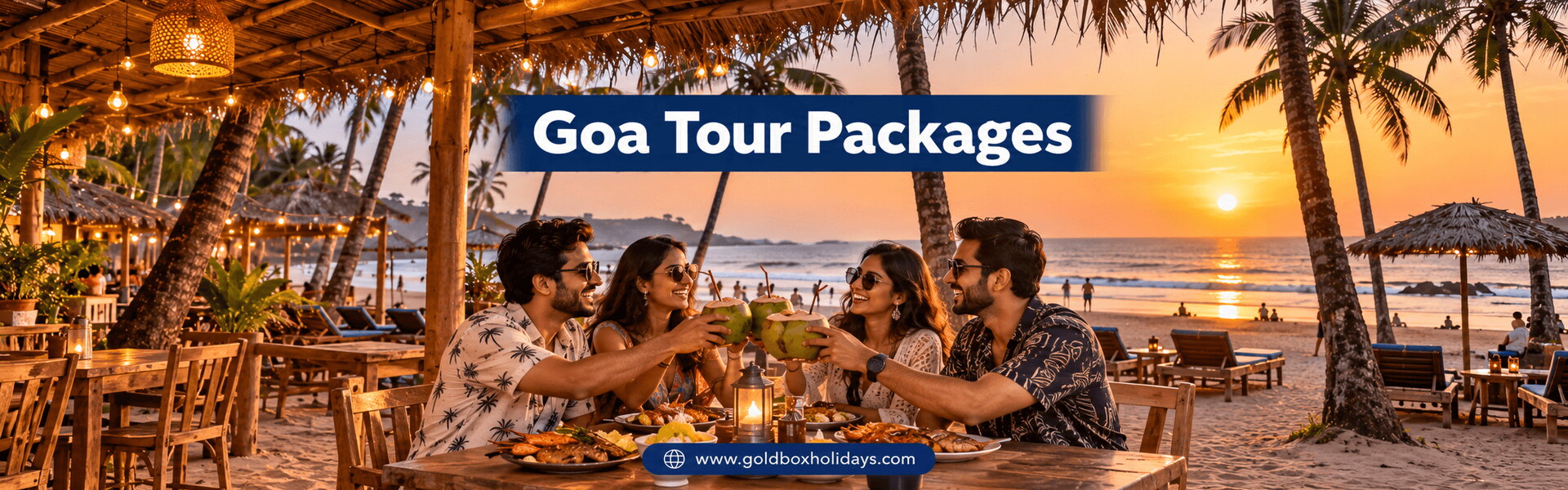 Friends toasting tender coconuts at a North Goa beach shack at sunset, Goa tour packages