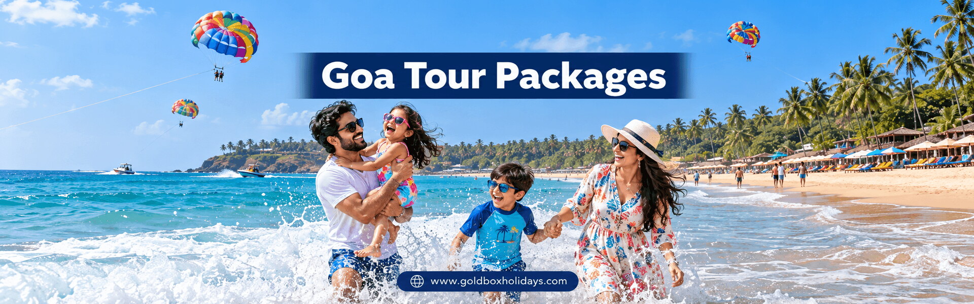 Family splashing in the waves on a sunny North Goa beach with parasails overhead, Goa tours