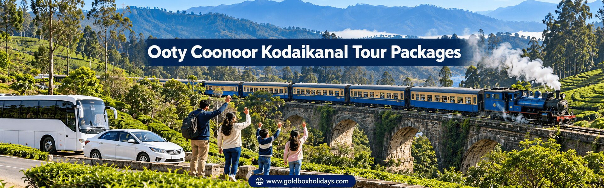 Nilgiri toy train on a stone bridge through tea gardens with a family waving, Ooty tours
