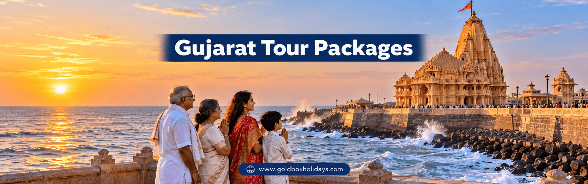Pilgrims on the promenade at Somnath temple by the Arabian Sea at sunset, Gujarat tours