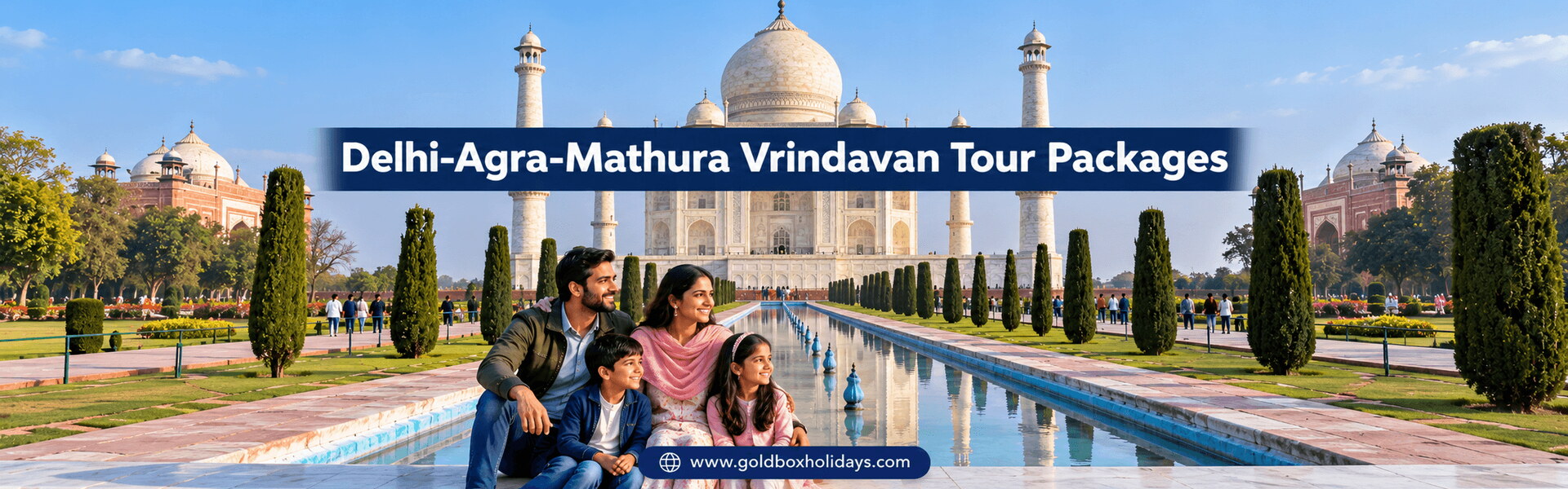 Family by the reflecting pool in front of the Taj Mahal on a winter morning, Delhi Agra tours