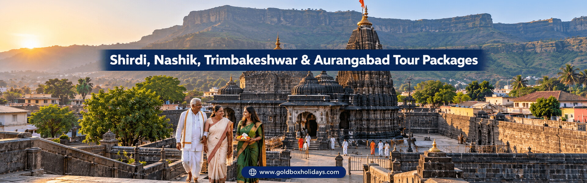 Pilgrims on the steps of Trimbakeshwar temple at dawn with Brahmagiri hill behind, Nashik tours