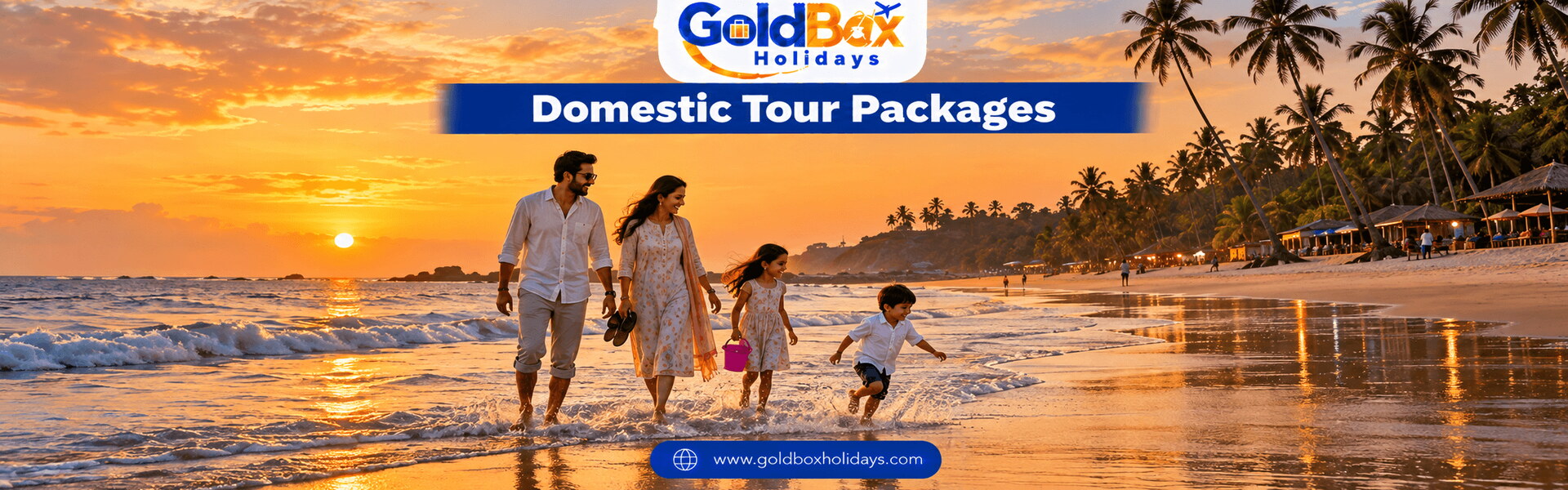 Indian family walking at the waterline of a palm-lined Goa beach at sunset, India holidays