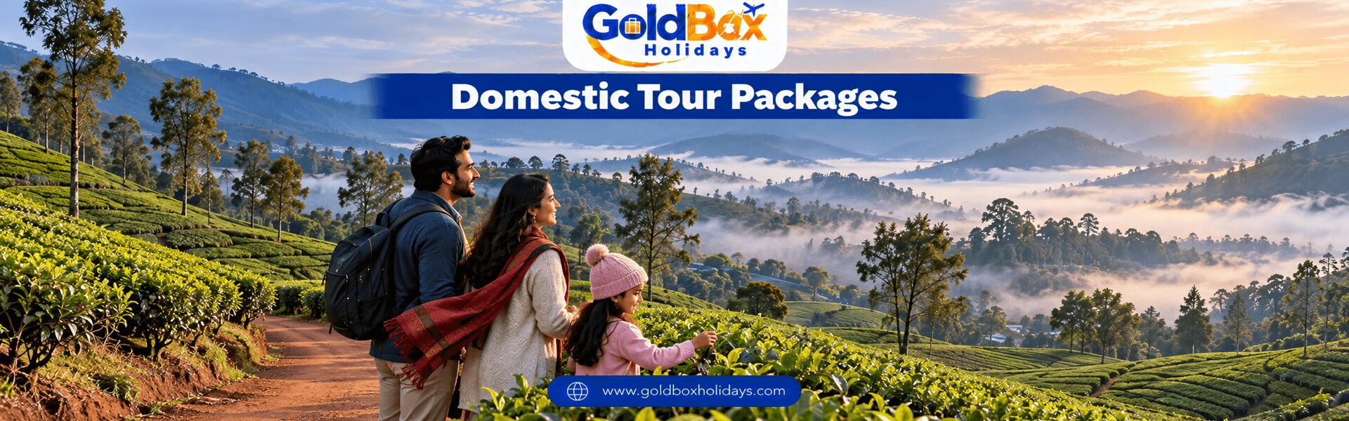 Family on a misty tea estate path above the rolling Nilgiri tea hills near Ooty, India tours